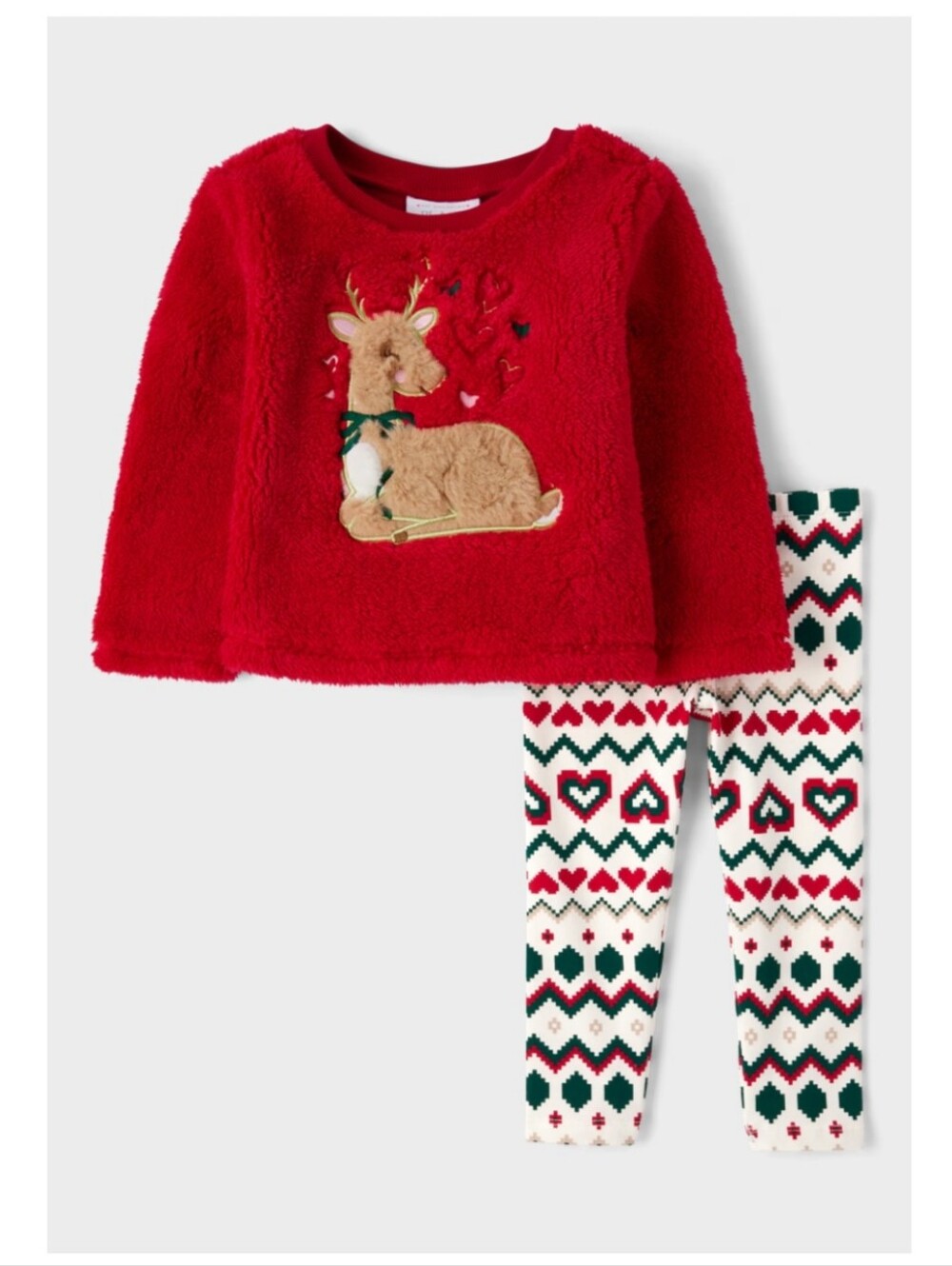 The Children's Place Red Fleece Reindeer Set with Patterned Leggings, Size 2T